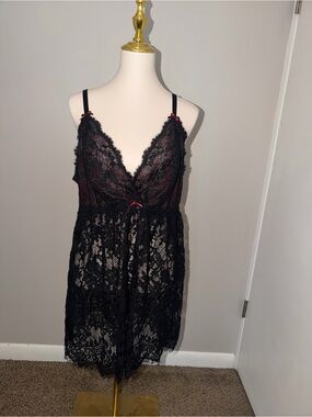 Cacique NWT 18/20 Black Lace Babydoll Chemise Lingerie 2 piece